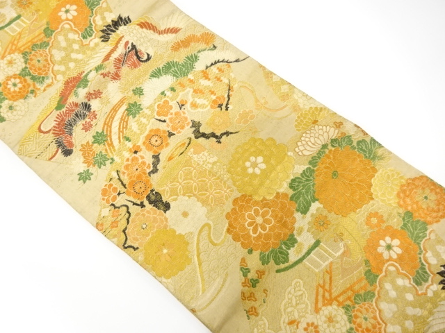 アンティーク　鶴に屋敷風景・貝桶・花模様織り出し丸帯（材料）